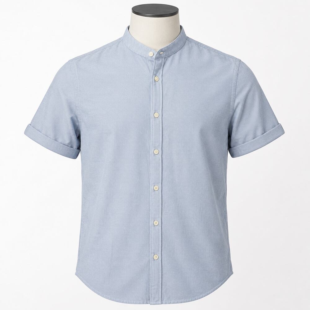 Zara Men Blue Short Sleeve Button-Up Shirt Size Large L Slim Fit 100% Cotton
